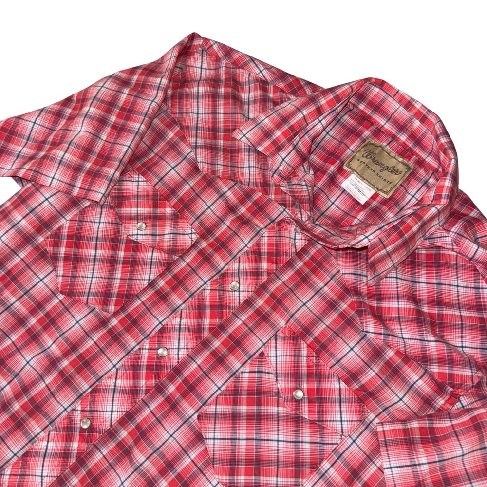 Wrangler Western Shirt Mens XL‎ Red Plaid Short Sleeve Cowboy Rodeo pearl snap